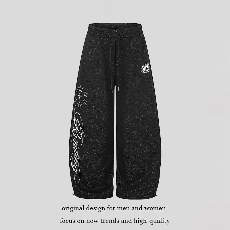 Women's Extra Wide Palazzo Sweatpants in Glitter Nep with Elastic Waistband, Drawstring and Star Script Print Mune Fashion