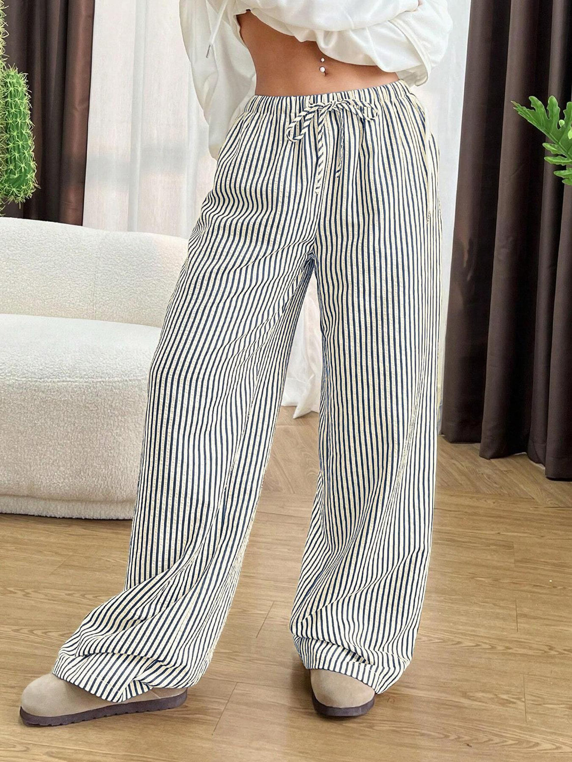 Women's Wide High Waist Pants with Drawstring Stripes Linen Look and Side Pockets Mune Fashion