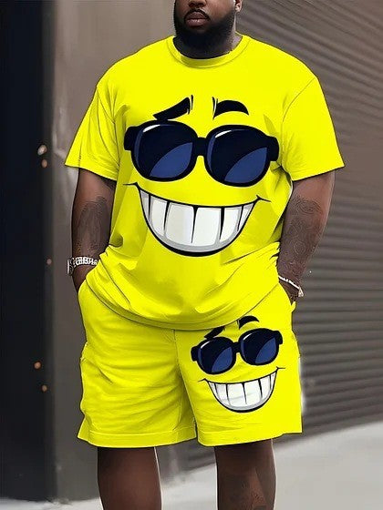 Men's casual leisure two-piece set with large smiley sunglasses print Mune Fashion