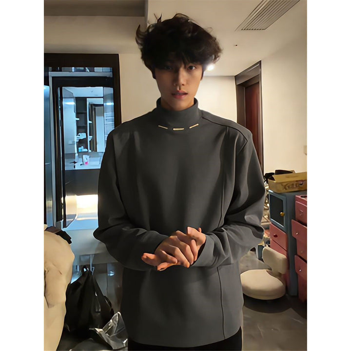 Men's Slim-Fit Long Sleeve Shirt with High Stand Collar and Decorative Metal Stripes Mune Fashion