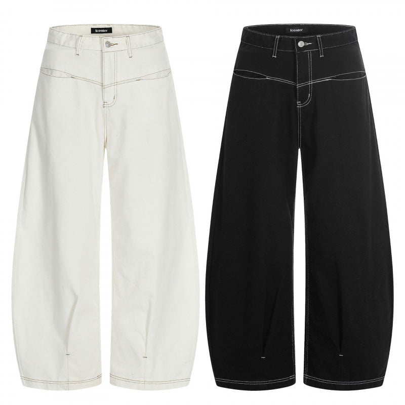 Women Wide Cropped Balloon Jeans with High Waist and Visible Contrast Stitching Mune Fashion