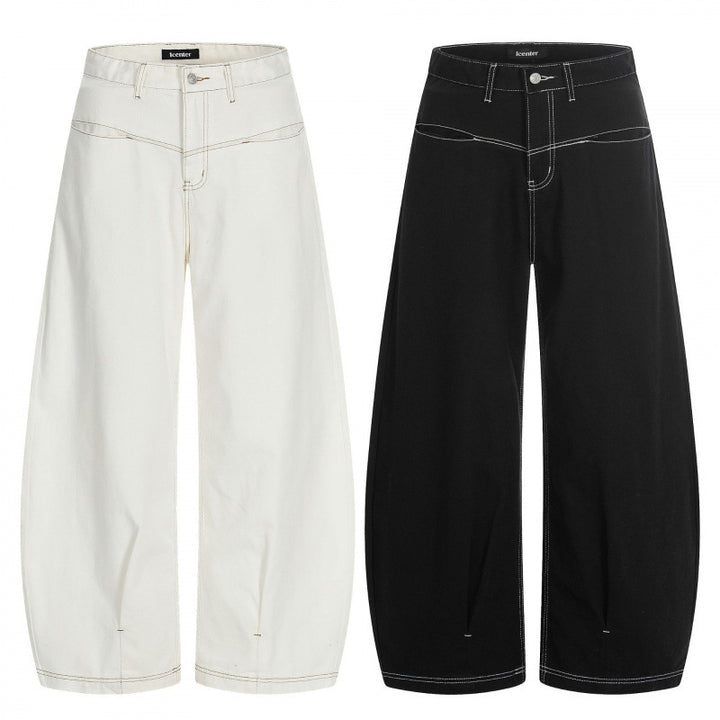 Women Wide Cropped Balloon Jeans with High Waist and Visible Contrast Stitching Mune Fashion
