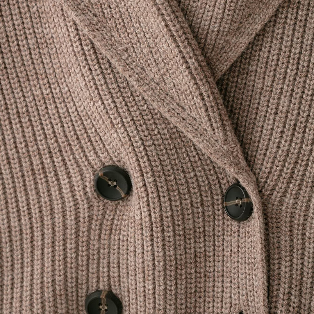 Women's Short Cut Chunky Knit Cardigan with Shawl Collar and Double-Breasted Button Placket Mune Fashion