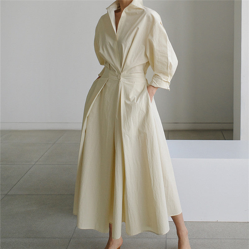 Women's collar blouse dress with tailored button placket and wide pleated skirt Mune Fashion