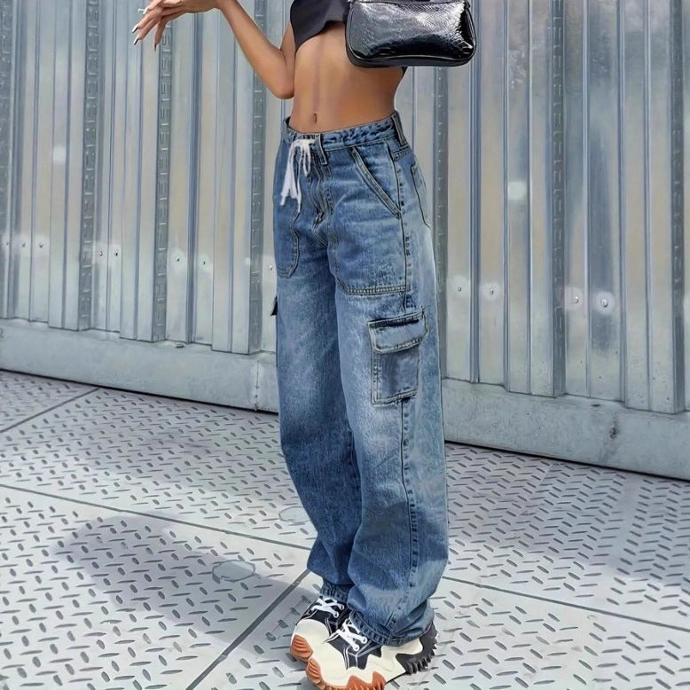 Women's cargo jeans in baggy look with high waist, drawstring and flap pockets Mune Fashion