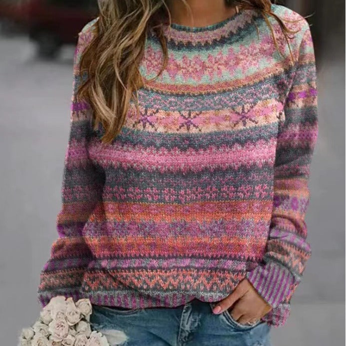 Women's patterned knit sweater with round neck, Fair Isle pattern, and casual oversized fit Mune Fashion