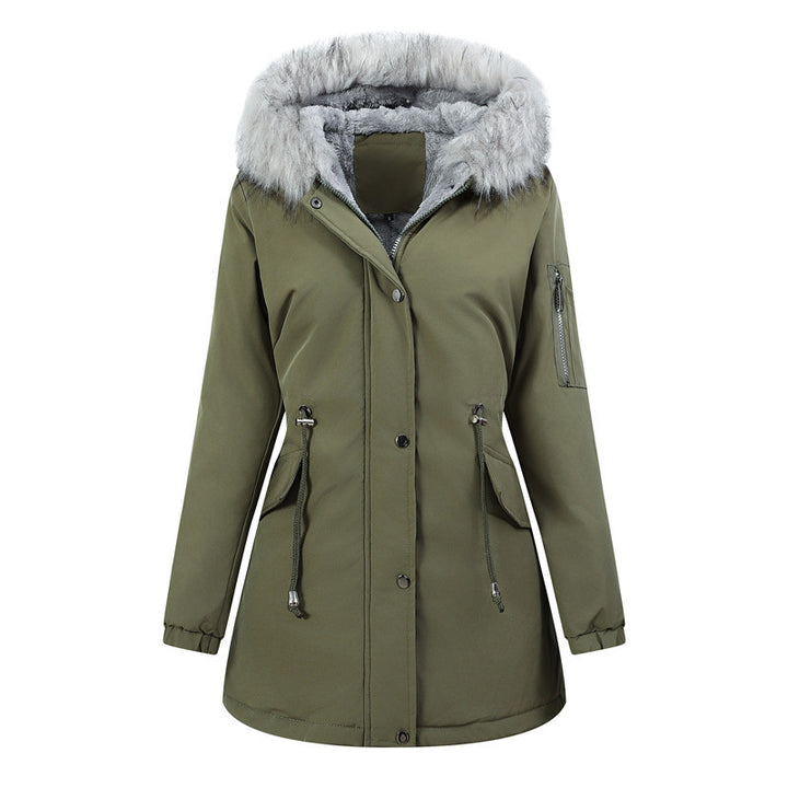 Ladies winter parka with removable faux fur hood and belted drawstring Mune Fashion