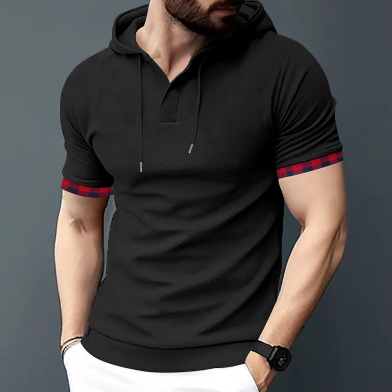 Men's fitted short sleeve hooded polo shirt with Henley placket and drawstring Mune Fashion