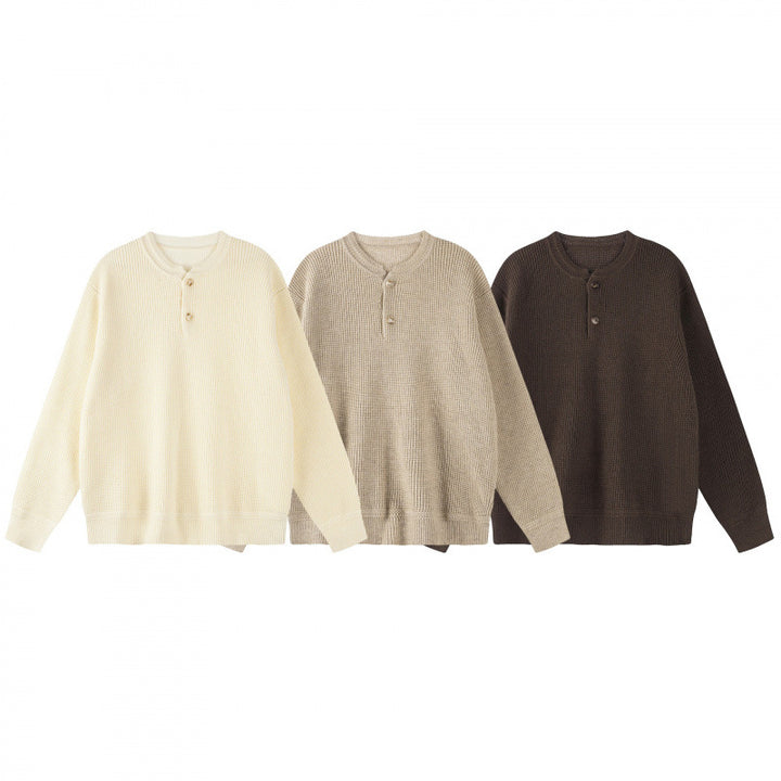 Unisex Boxy knit sweater with Henley neckline and textured waffle knit look Mune Fashion