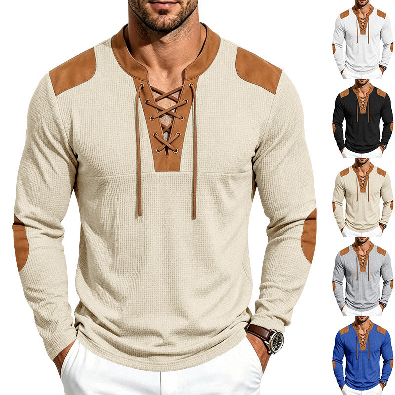 Men's waffle texture henley with lace-up collar and faux leather patches Mune Fashion