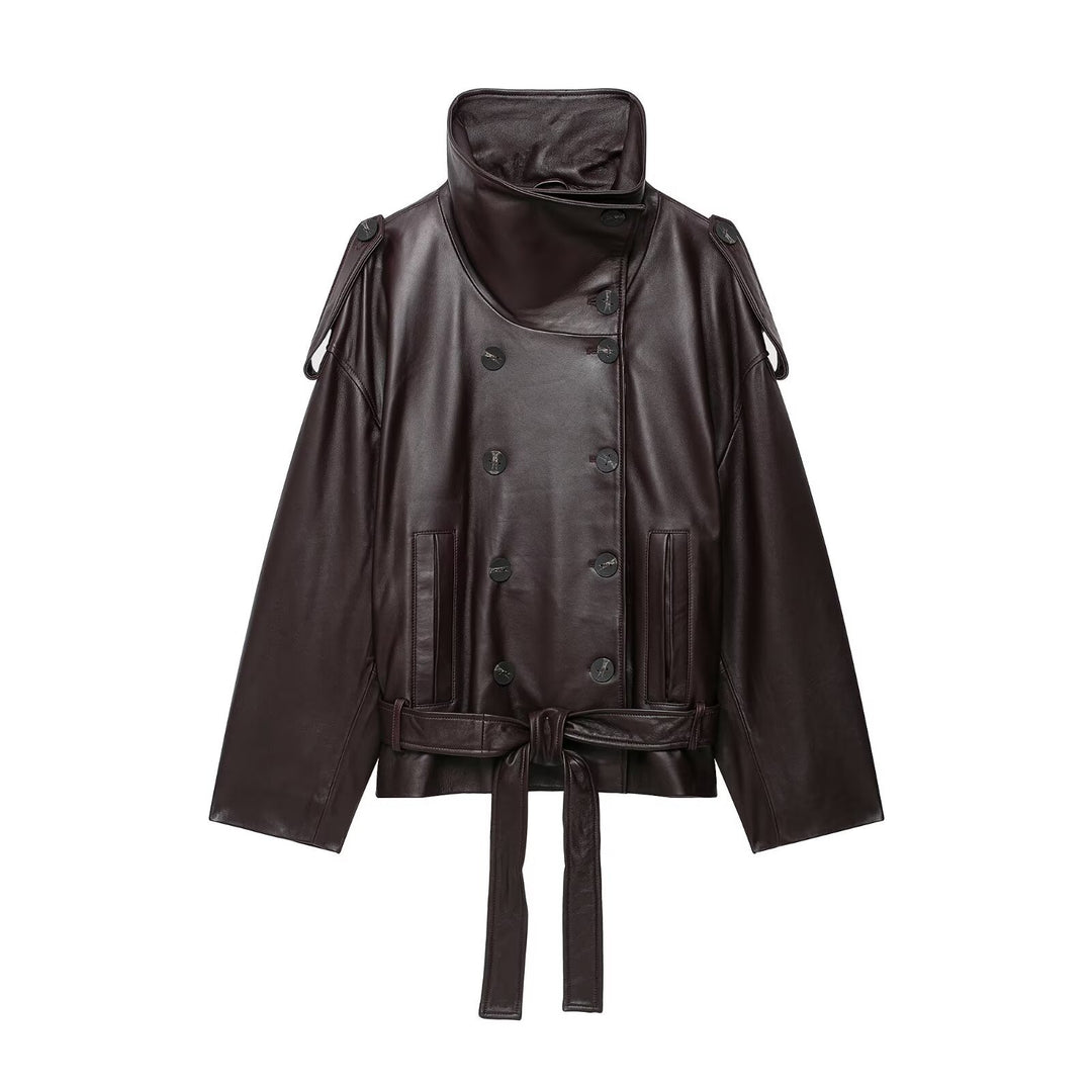 Women Short Leather Trench Coat Jacket with High Standing Collar, Double-Breasted Button Placket and Waist Belt Mune Fashion