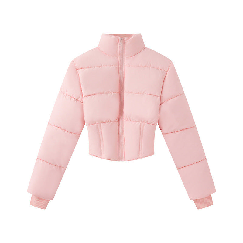 Women's cropped padded waist jacket with stand-up collar and shaping seams Mune Fashion