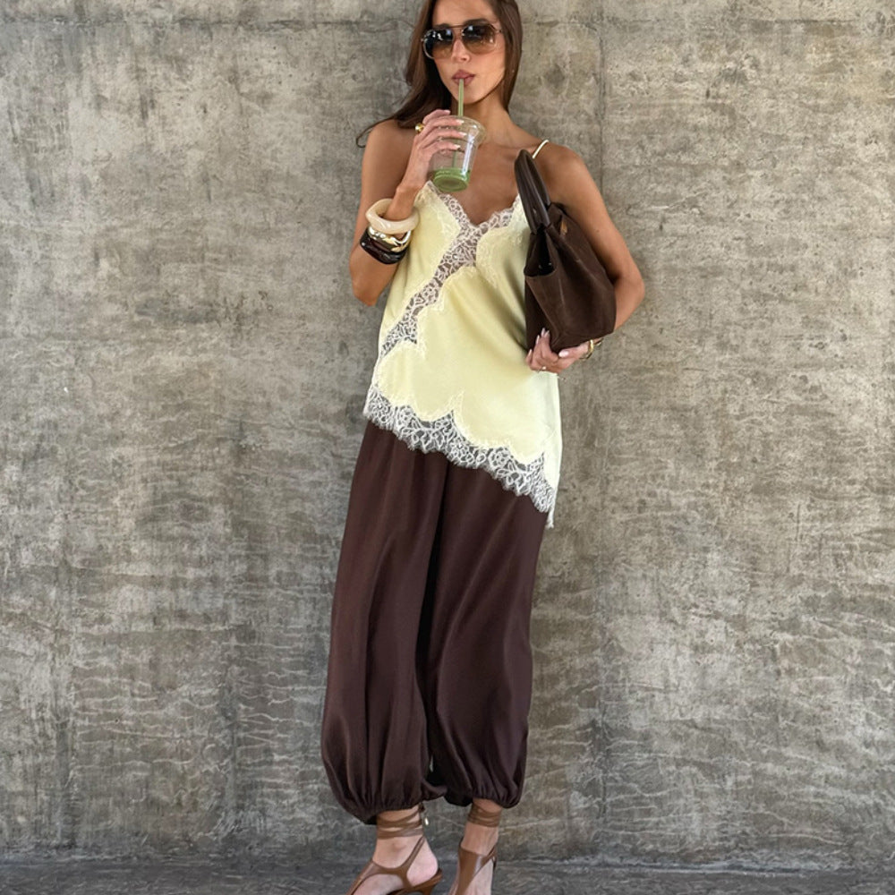 Women airy spaghetti strap shirt with romantic lace embellishment Mune Fashion