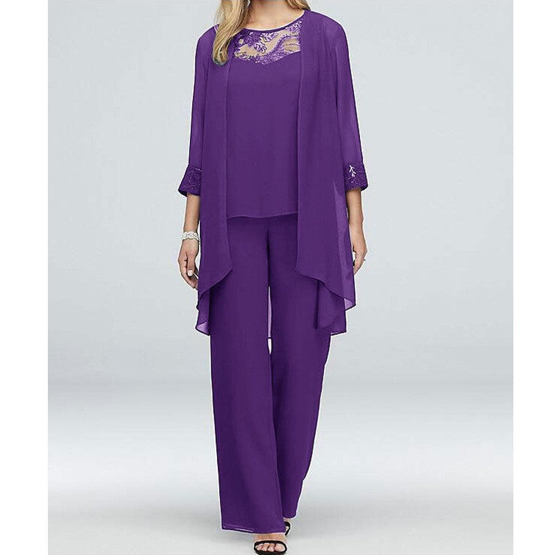 Women's flowing chiffon evening ensemble with lace trim, kimono cardigan and wide palazzo pants Mune Fashion