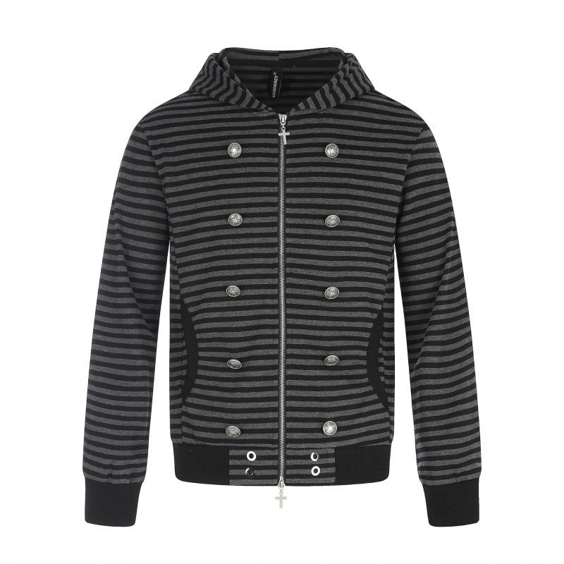 Unisex Striped Hooded Zip Jacket in Double-Breasted Look with Metal Buttons Mune Fashion