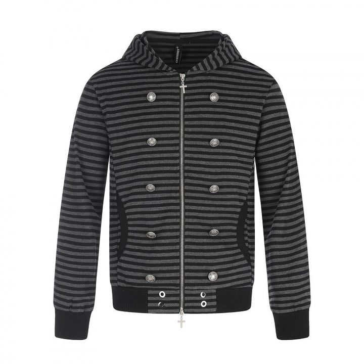 Unisex Striped Hooded Zip Jacket in Double-Breasted Look with Metal Buttons Mune Fashion