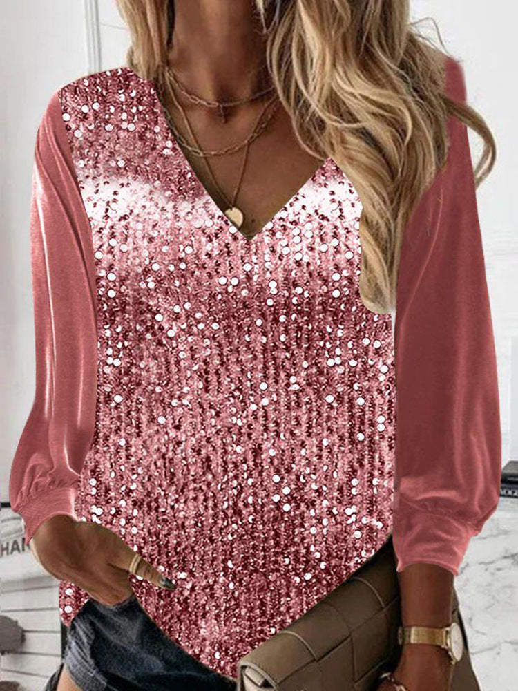 Women's Glittering Sequin V-Neck Blouse with Satin Sleeves Mune Fashion