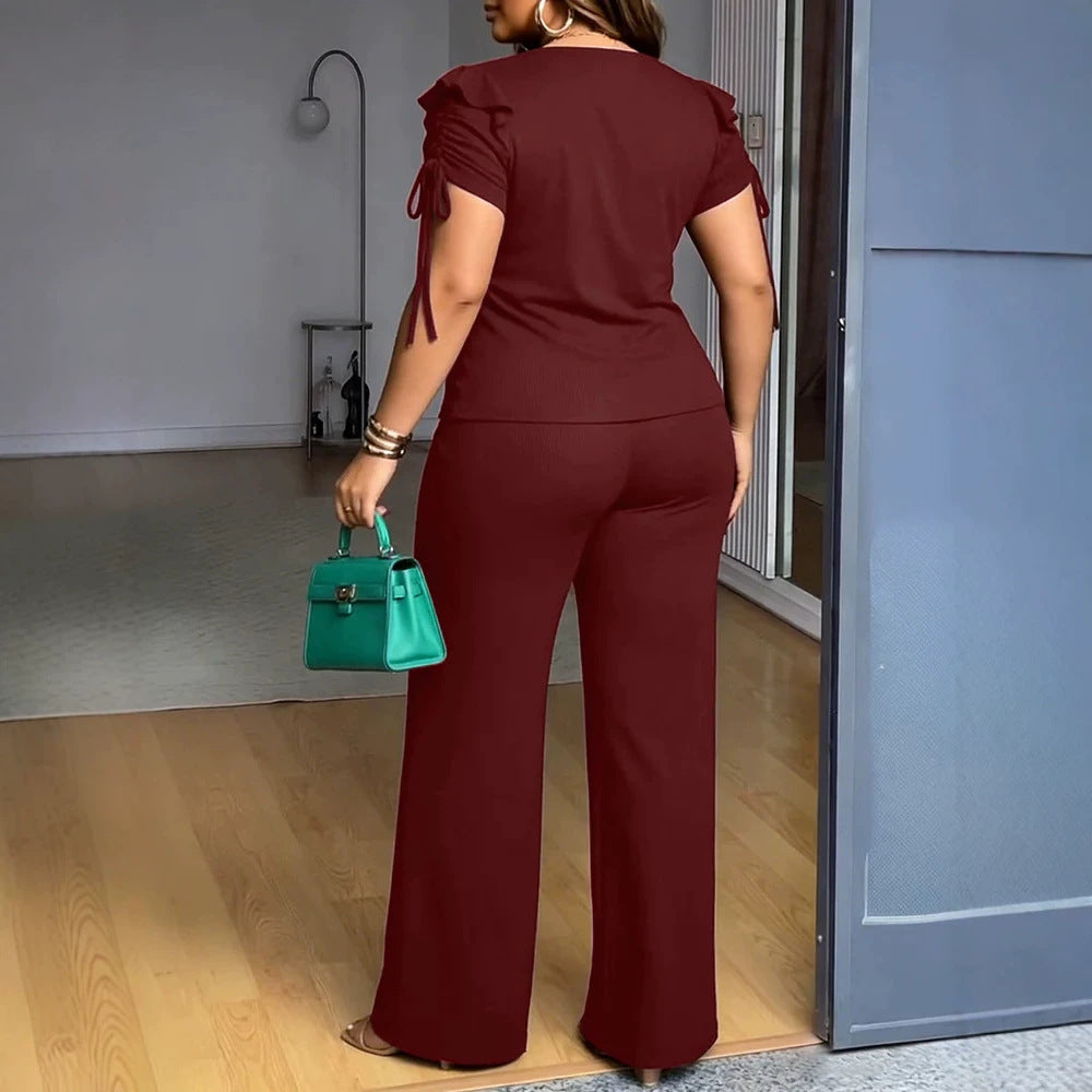 Women Two-Piece Jersey Set with Tailored Wide Leg Pants and Short Sleeve Knot Top Drune