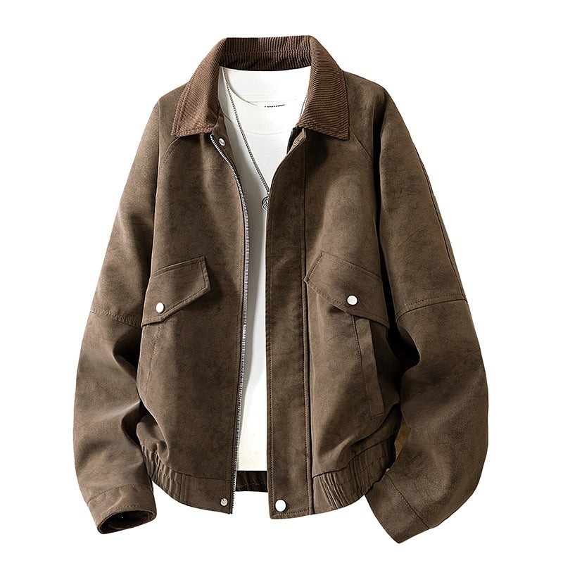 Men's Oversized Velour-Look Transitional Blouson with Shirt Collar, Zipper & Elastic Hem