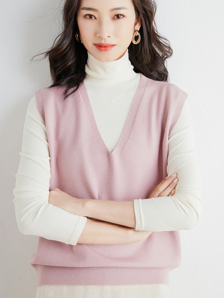 Women's Oversized V-neck Fine Knit Vest with Ribbed Hem Mune Fashion