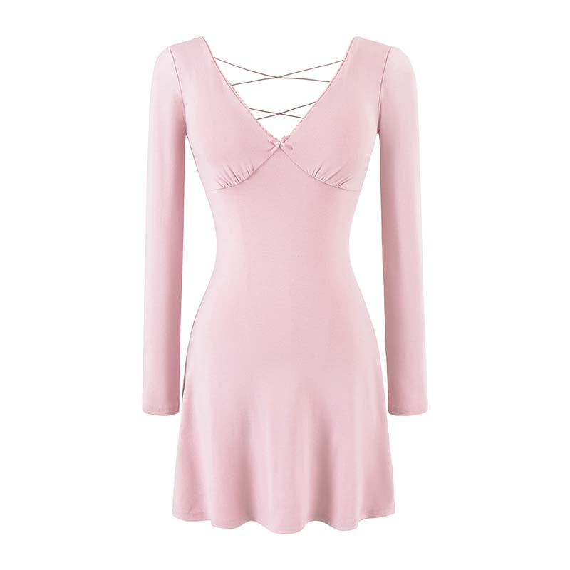 Ladies form-fitting mini dress with a deep V-neckline, gathered bust, and crossed back straps Mune Fashion