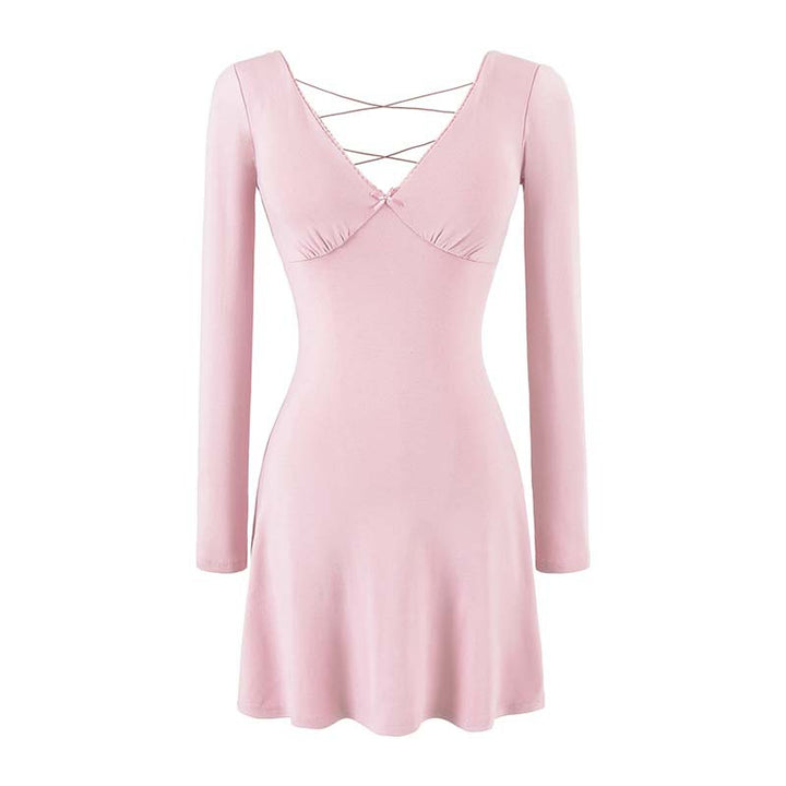 Ladies form-fitting mini dress with a deep V-neckline, gathered bust, and crossed back straps Mune Fashion