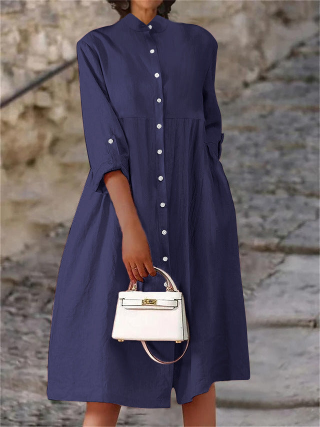 Women's Oversize Midi Dress in Linen Look with Standing Collar, Button Placket and Side Pockets Mune Fashion