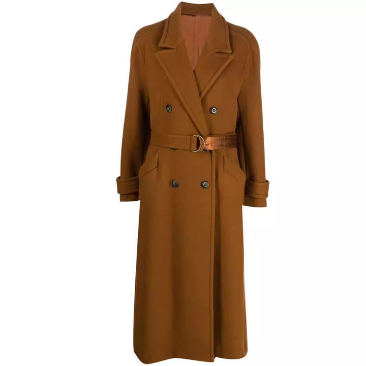 Women Maxilength Double-breasted Wool Blend Coat with Satin Ribbon Waist Belt and Rolled-up Sleeves Mune Fashion
