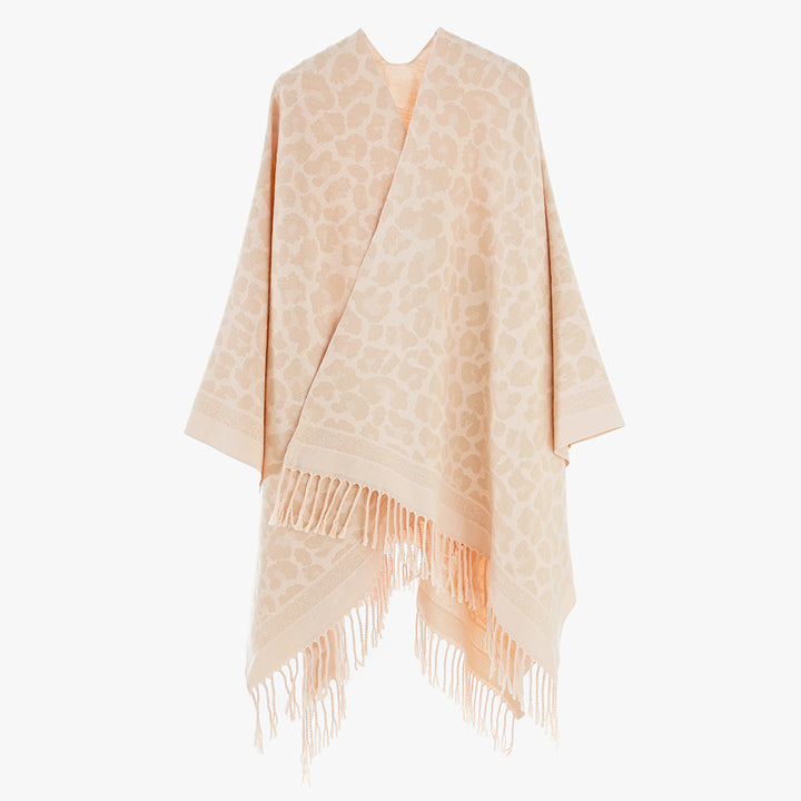 Women's Elegant Jacquard Poncho with Leopard Jacquard and Fringes Mune Fashion