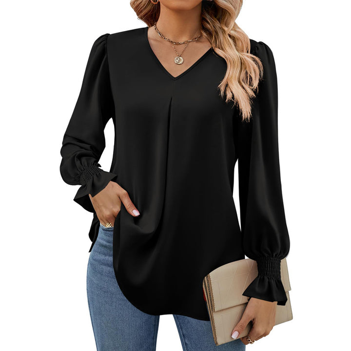Women's V-neck blouse with pleat and gathered cuffs Mune Fashion