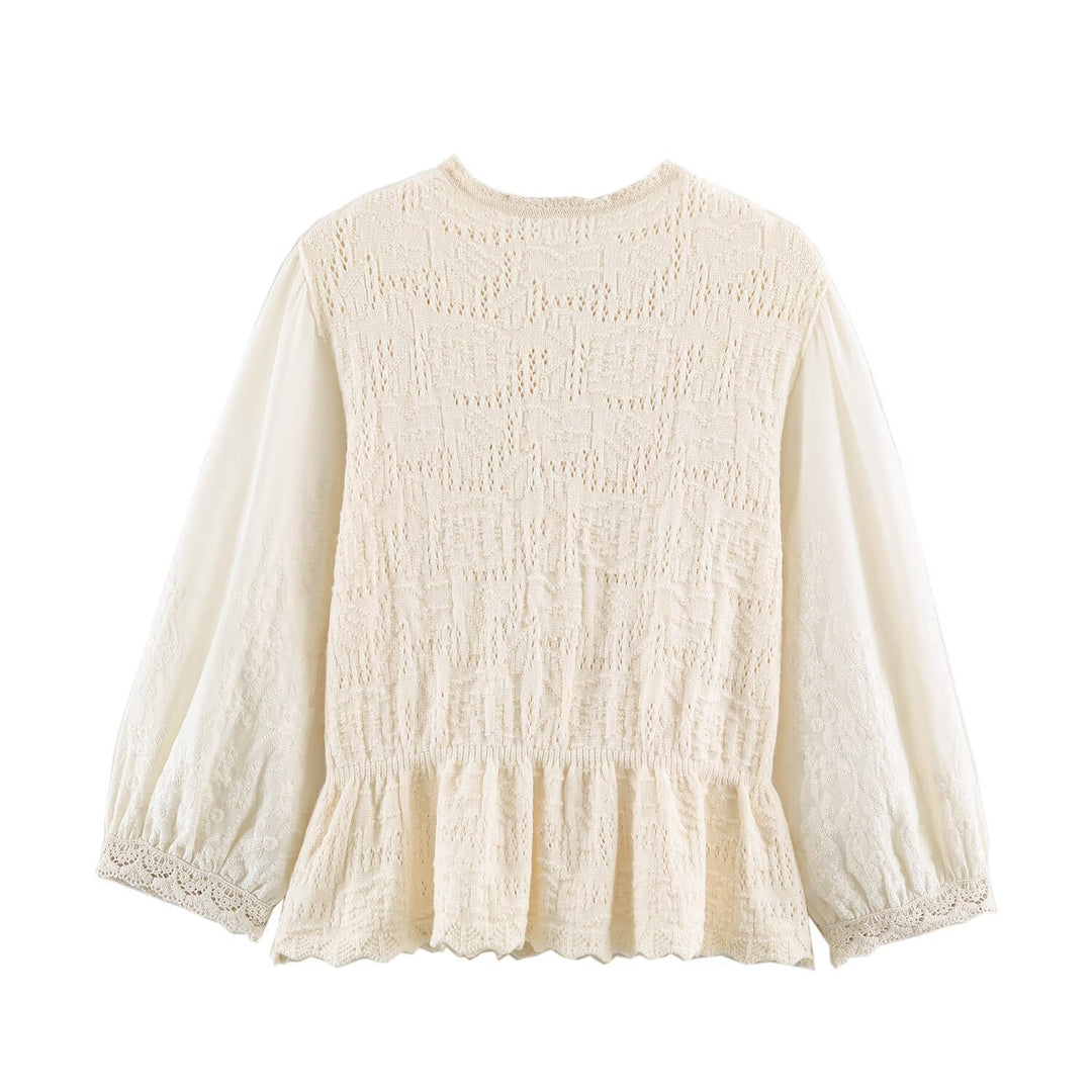 Ladies crochet blouse with lace sleeves, ruffle hem and button placket Mune Fashion