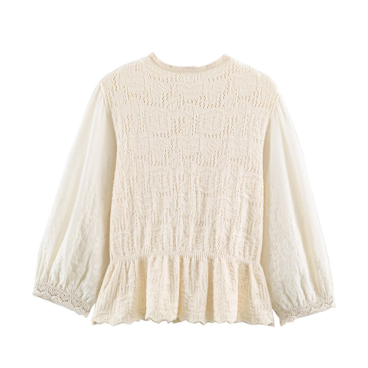 Ladies crochet blouse with lace sleeves, ruffle hem and button placket Mune Fashion
