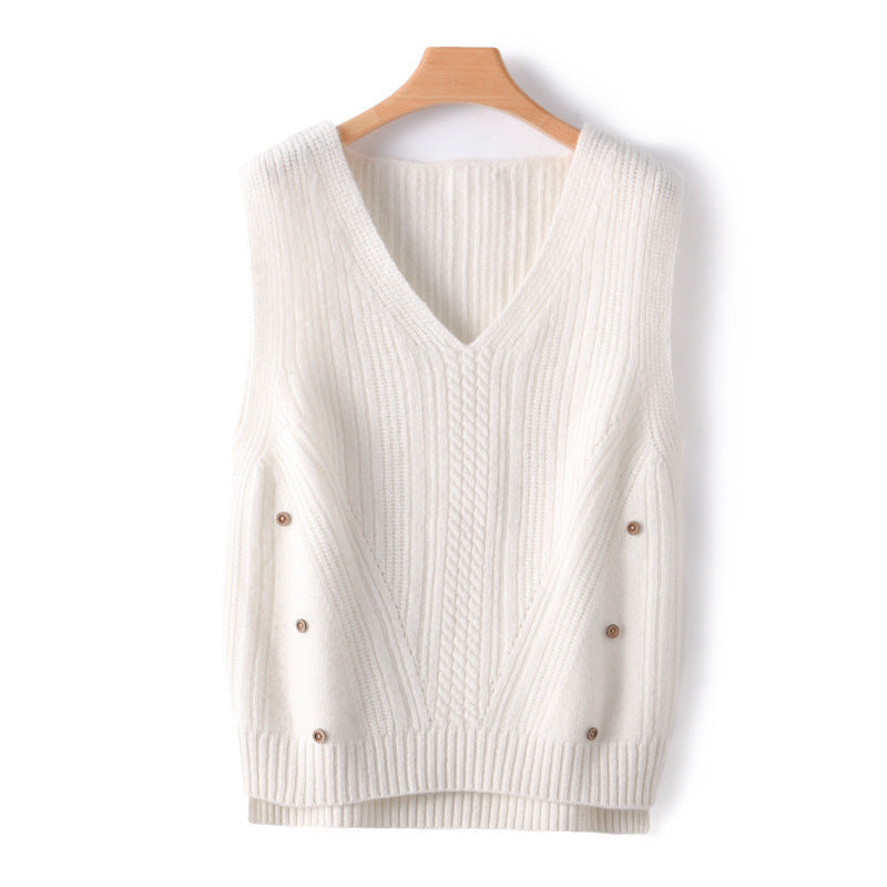 Women's Knit Long Vest with V-Neck, Cable Pattern and Side Button Placket Mune Fashion