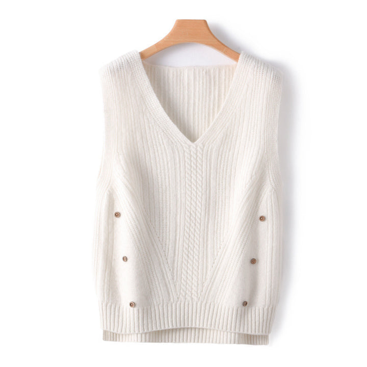 Women's Knit Long Vest with V-Neck, Cable Pattern and Side Button Placket Mune Fashion