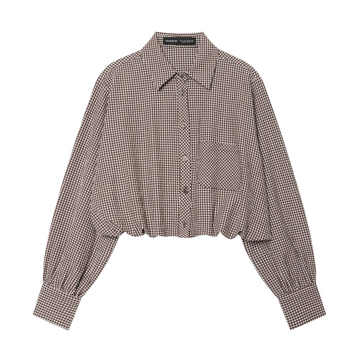 Women's Checkered Cropped Shirt Blouse with Balloon Sleeves, Breast Pocket and Elastic Hem Mune Fashion