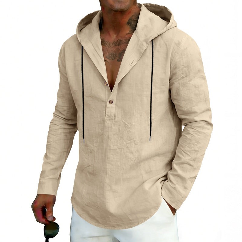 Men's Linen Henley Hooded Shirt with Short Button Placket, Hood, and Relaxed Fit Mune Fashion