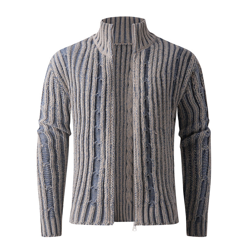 Men's knit cardigan with cable pattern, stand-up collar and full-length zipper Mune Fashion