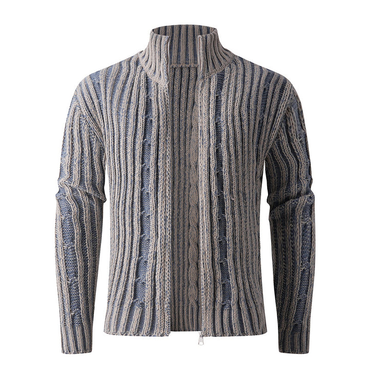 Men's knit cardigan with cable pattern, stand-up collar and full-length zipper Mune Fashion