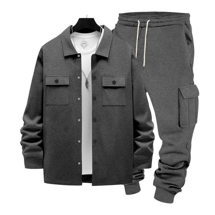 Men's casual cotton blend overshirt and cargo jogger set with drawstring, patch pockets, and elastic cuffs Mune Fashion