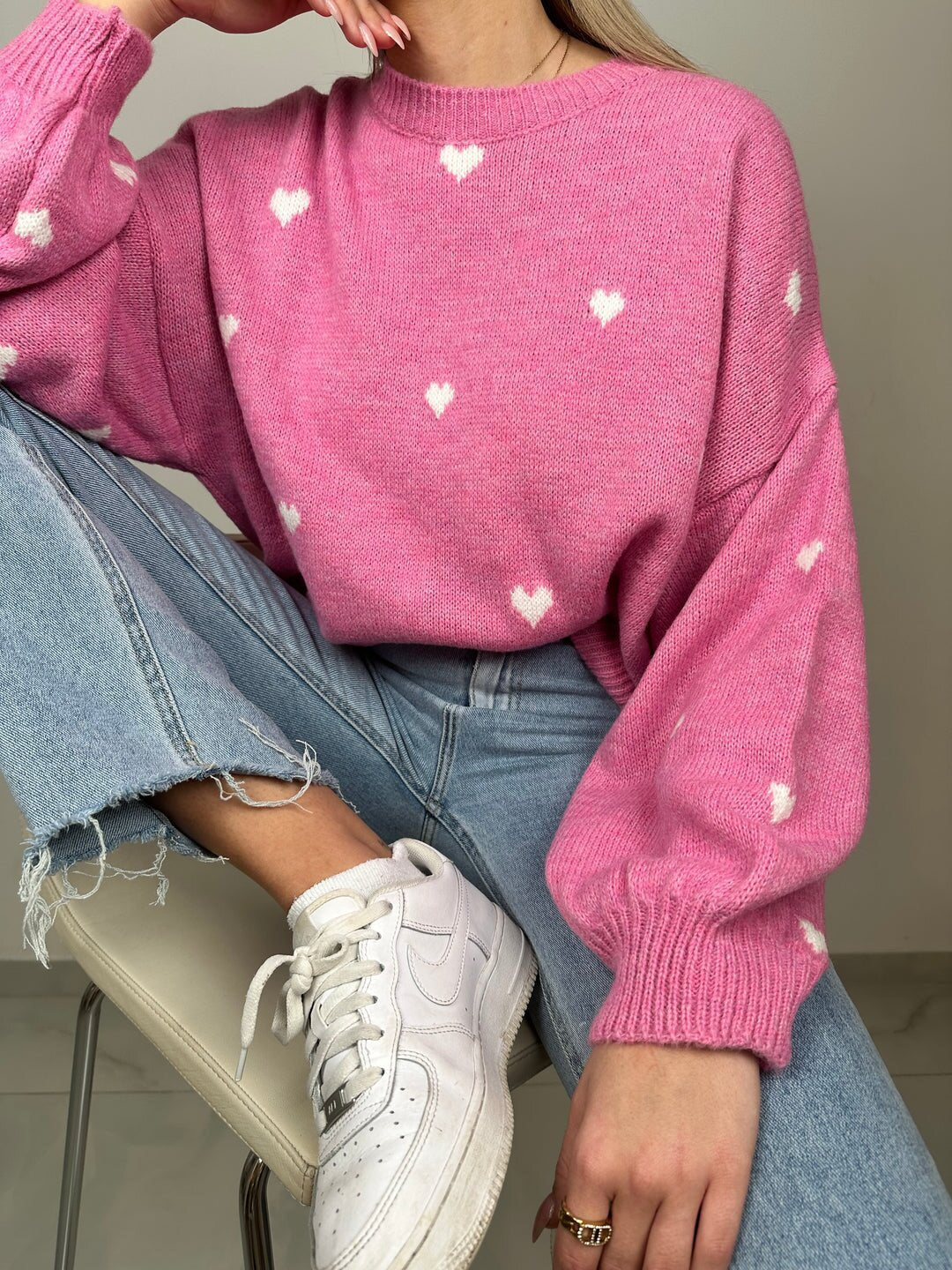 Women oversized knit sweater with heart intarsias and balloon sleeves Mune Fashion