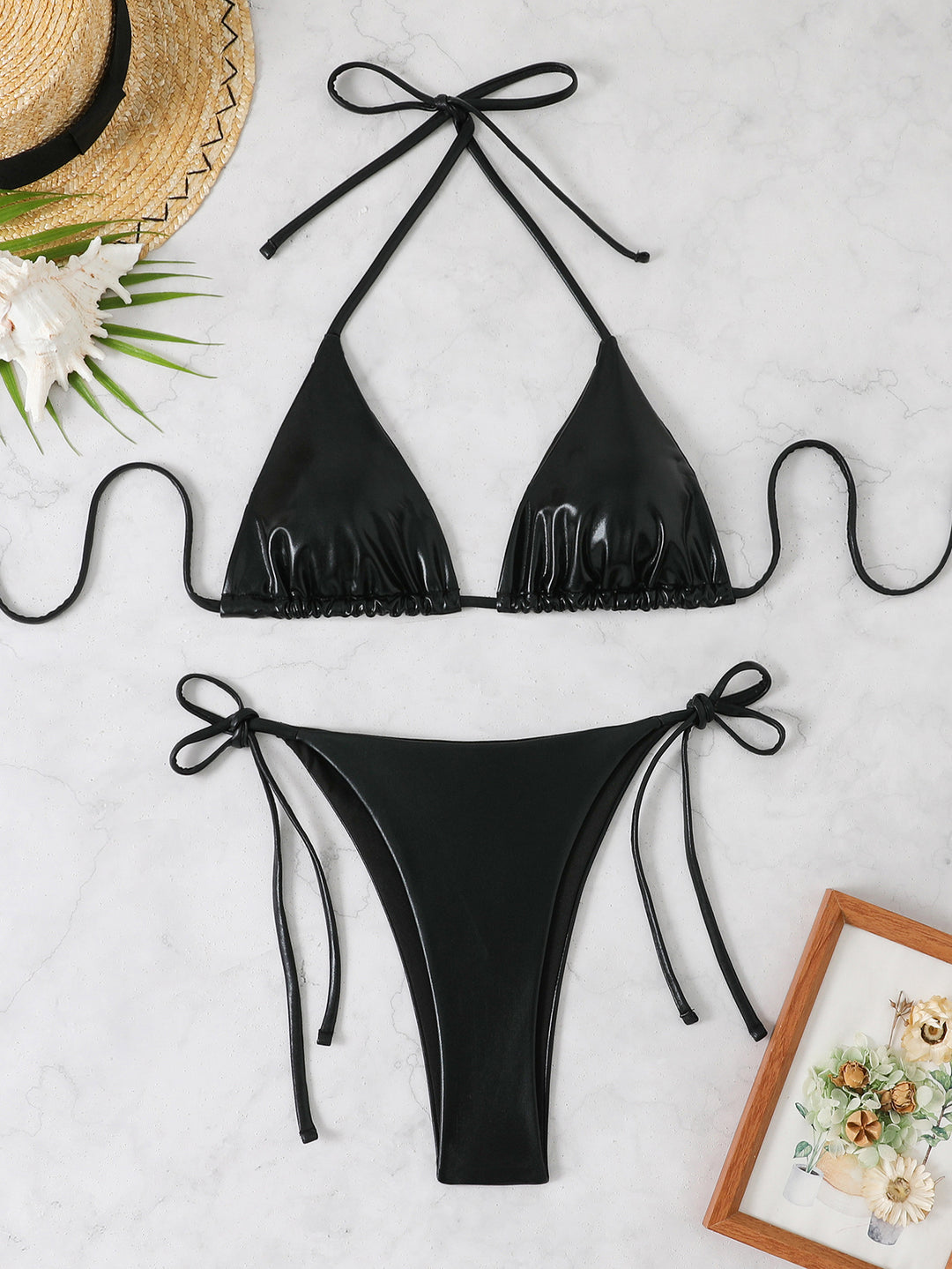Women's Triangle Bikini with Shiny Finish and Adjustable Straps Mune Fashion