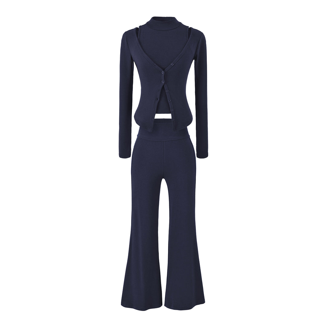 Women Figure-Hugging Layering Set with Turtleneck Long Sleeve and Asymmetrical Button Jacket and Flared High-Waist Pants Mune Fashion