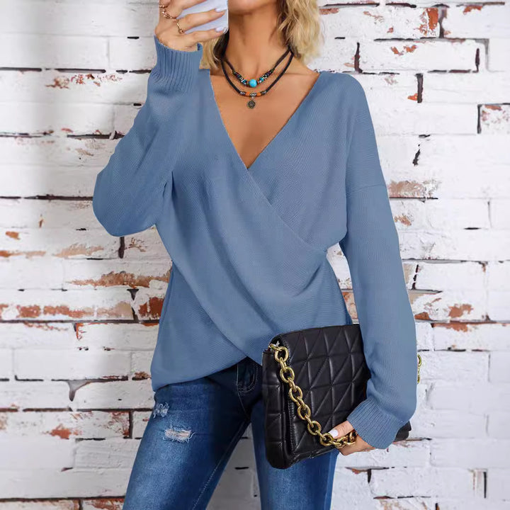 Women's Wrap Knit Sweater with Deep V-Neck and Drop Shoulders Mune Fashion