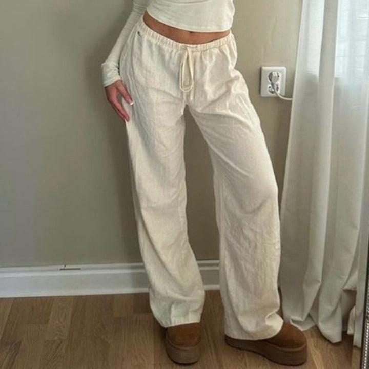 Ladies Lightweight Linen Trousers with Wide Leg, Elastic Waistband and Drawstring Mune Fashion