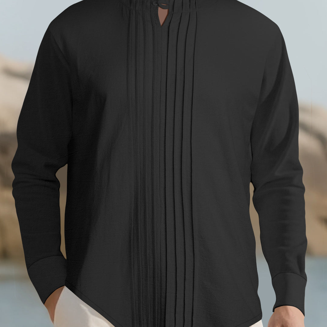 Men's Lightweight Long Sleeve Shirt in Linen Look with Stand-Up Collar, Pleats and Loop Closure Mune Fashion