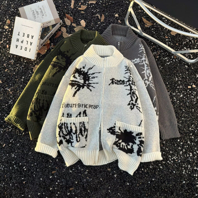 Unisex Chunky Knit Zip Cardigan with High Ribbed Collar, Jacquard Pattern and Patch Pockets Mune Fashion