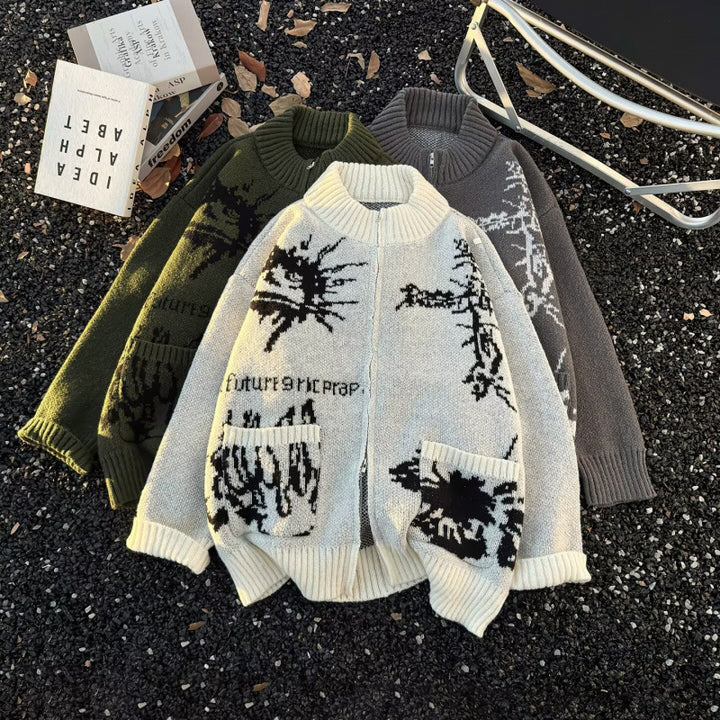 Unisex Chunky Knit Zip Cardigan with High Ribbed Collar, Jacquard Pattern and Patch Pockets Mune Fashion