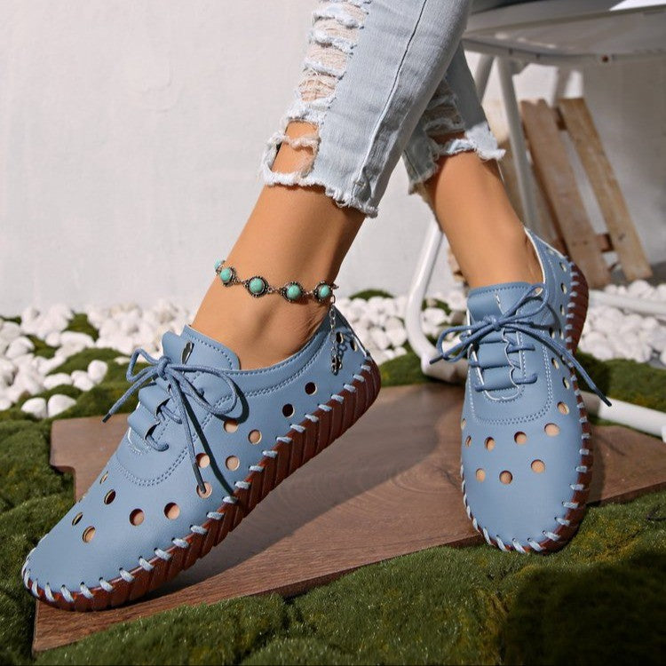 Women casual perforated leather lace-ups with flexible rubber sole Mune Fashion