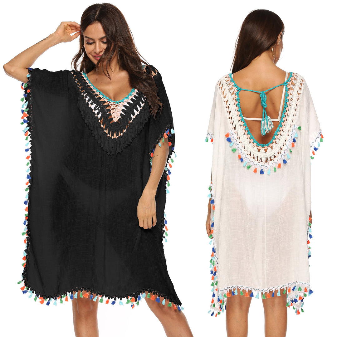 Women's beach kaftan with colorful tassel trim Mune Fashion