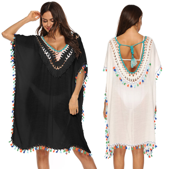 Women's beach kaftan with colorful tassel trim Mune Fashion